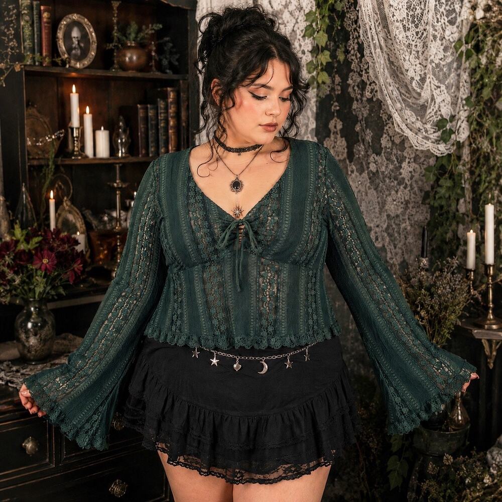Altare'd State Lace Whimsigoth Womens Top Sz XL Y2K Babydoll Fairy Bell Forest - Picture 1 of 10